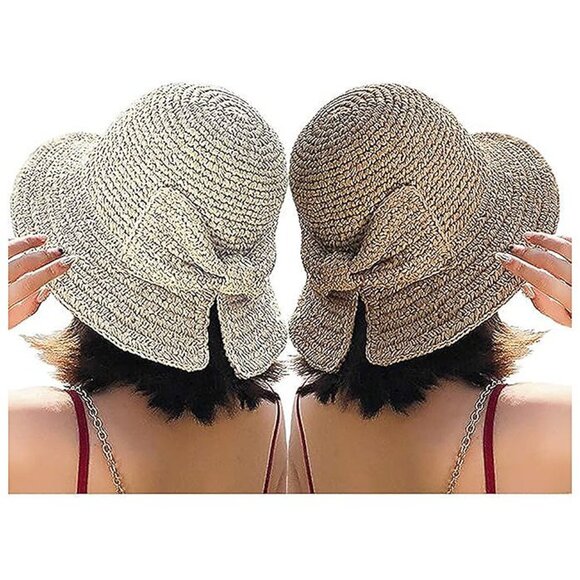 Wide Brim Floppy Straw Beach Sun Hat 2 Pack Beige & Khaki - Picture 1 of 9